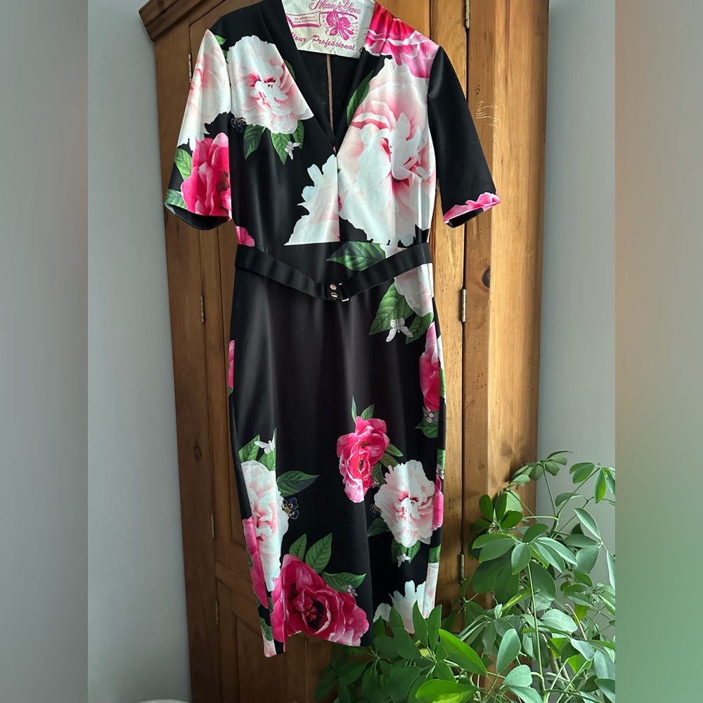 Ted Baker Black and Pink Floral Midi Dress